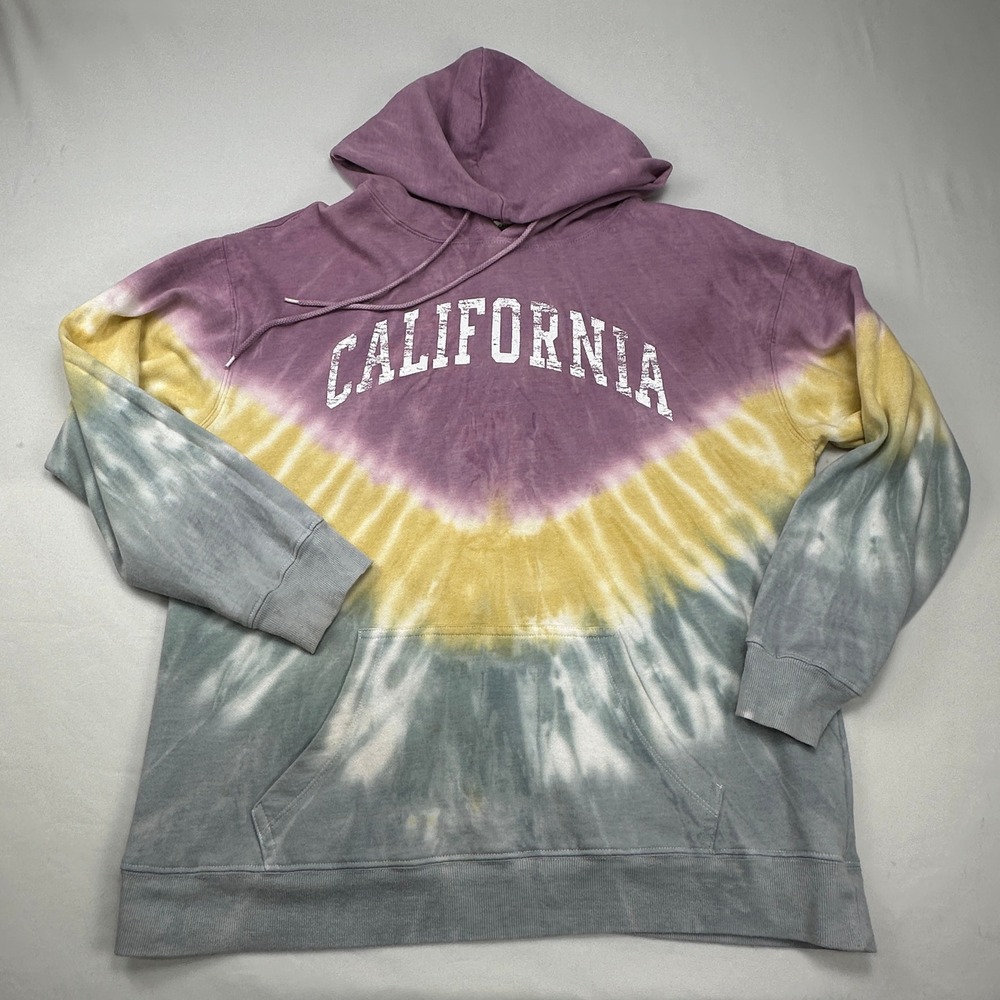 Cut & Paste California Tie Dye Hoodie Large Purple Yellow Blue Fleece Sweatshirt